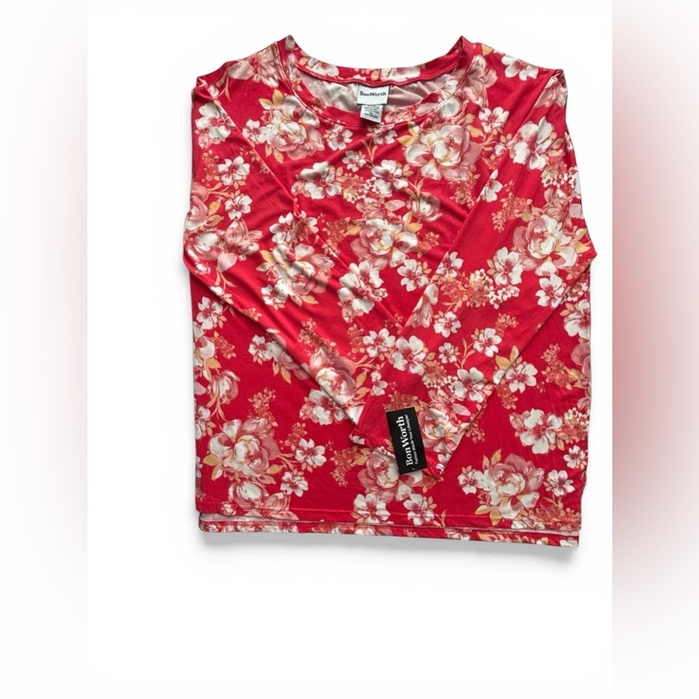 BonWorth Red Floral Long Sleeve Blouse NWT Womens XL Stretch Top - Picture 2 of 6